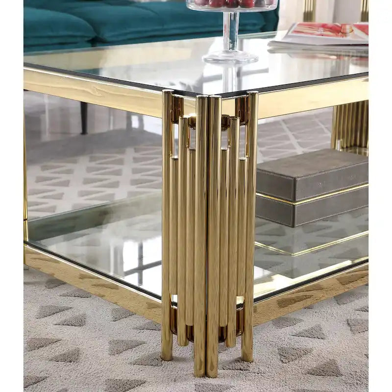 Table d'appoint carrée 20 po de large pour meubles, avec plateau en verre, table basse en verre trempé en acier inoxydable doré