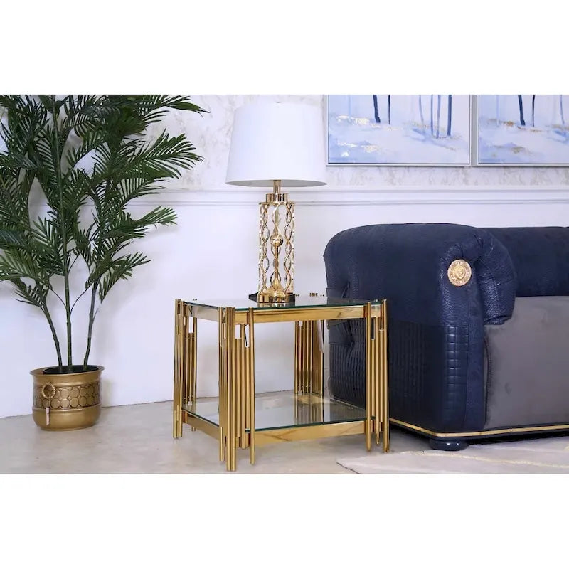 Table d'appoint carrée 20 po de large pour meubles, avec plateau en verre, table basse en verre trempé en acier inoxydable doré