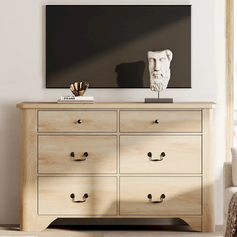 Meuble TV commode de style ferme avec 6 tiroirs pour téléviseurs jusqu'à 55 pouces, meuble de rangement en bois pour divertissement