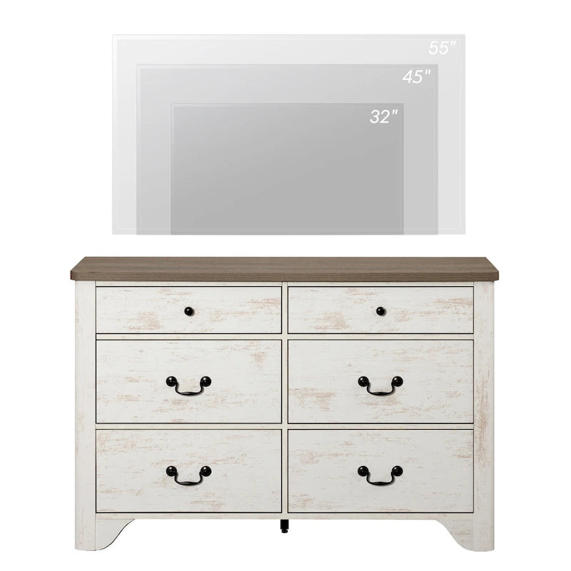 Meuble TV commode de style ferme avec 6 tiroirs pour téléviseurs jusqu'à 55 pouces, meuble de rangement en bois pour divertissement