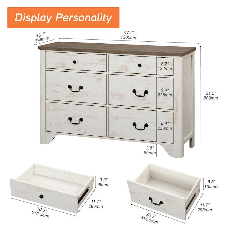 Meuble TV commode de style ferme avec 6 tiroirs pour téléviseurs jusqu'à 55 pouces, meuble de rangement en bois pour divertissement