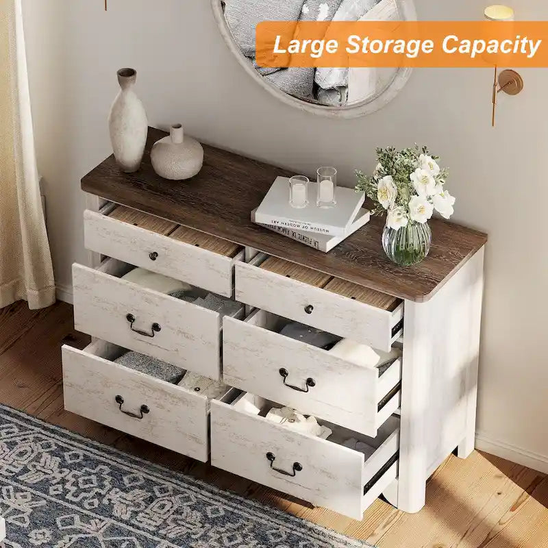 Meuble TV commode de style ferme avec 6 tiroirs pour téléviseurs jusqu'à 55 pouces, meuble de rangement en bois pour divertissement