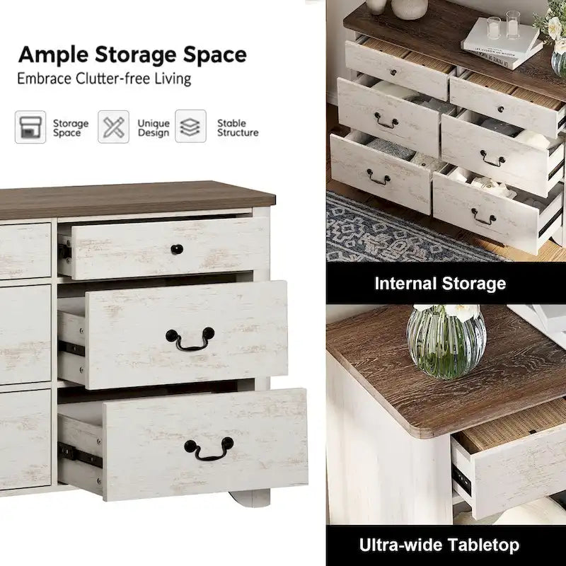 Meuble TV commode de style ferme avec 6 tiroirs pour téléviseurs jusqu'à 55 pouces, meuble de rangement en bois pour divertissement