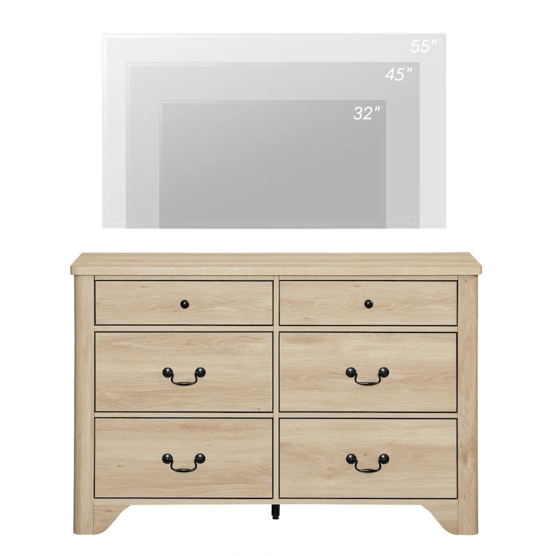 Meuble TV commode de style ferme avec 6 tiroirs pour téléviseurs jusqu'à 55 pouces, meuble de rangement en bois pour divertissement