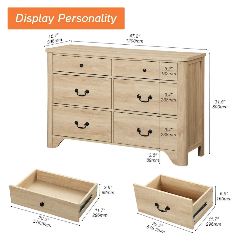 Meuble TV commode de style ferme avec 6 tiroirs pour téléviseurs jusqu'à 55 pouces, meuble de rangement en bois pour divertissement