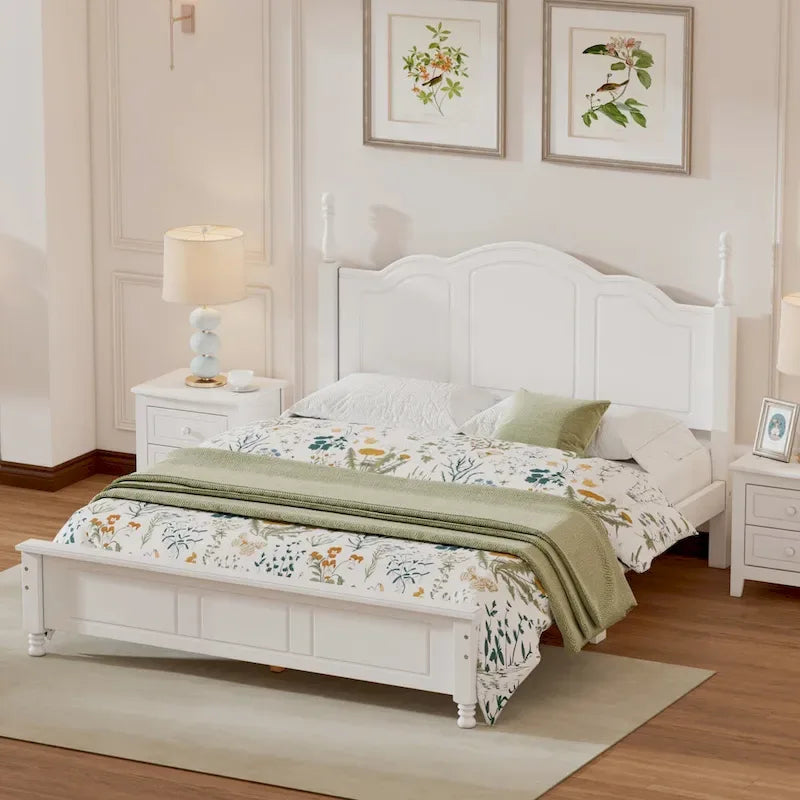 Lit plateforme queen size de style rétro, cadre de lit plateforme en bois avec support en lattes de bois massif et tête de lit incurvée