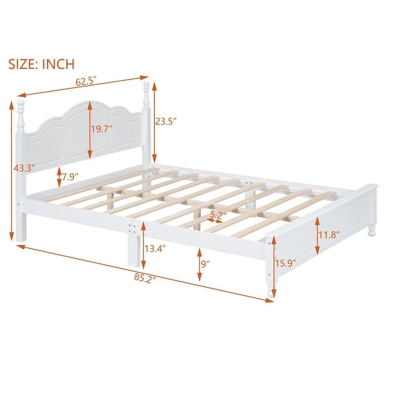 Lit plateforme queen size de style rétro, cadre de lit plateforme en bois avec support en lattes de bois massif et tête de lit incurvée