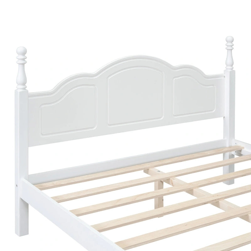 Lit plateforme queen size de style rétro, cadre de lit plateforme en bois avec support en lattes de bois massif et tête de lit incurvée
