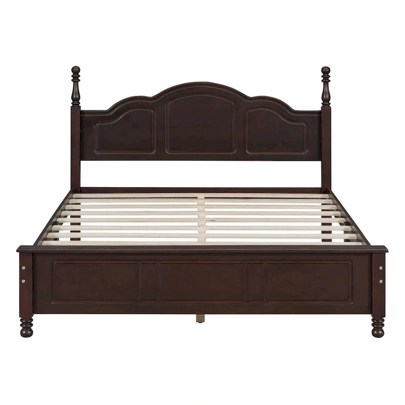 Lit plateforme queen size de style rétro, cadre de lit plateforme en bois avec support en lattes de bois massif et tête de lit incurvée