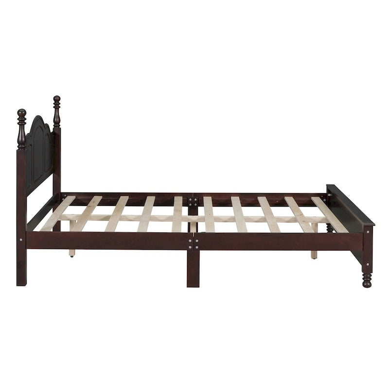 Lit plateforme queen size de style rétro, cadre de lit plateforme en bois avec support en lattes de bois massif et tête de lit incurvée