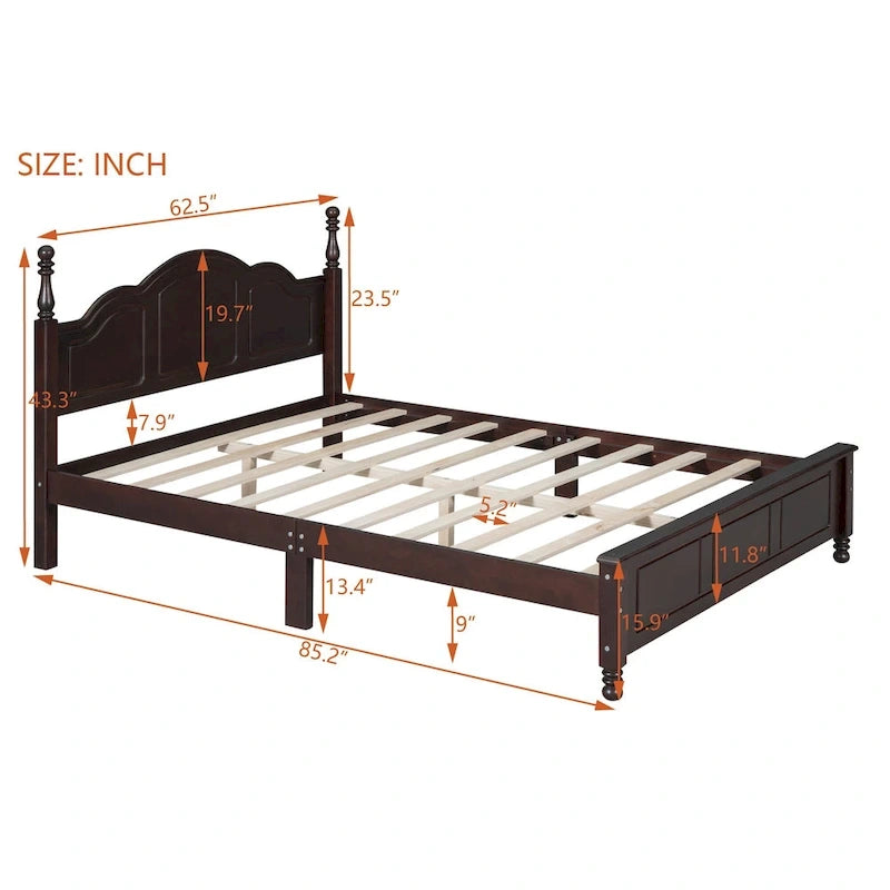 Lit plateforme queen size de style rétro, cadre de lit plateforme en bois avec support en lattes de bois massif et tête de lit incurvée