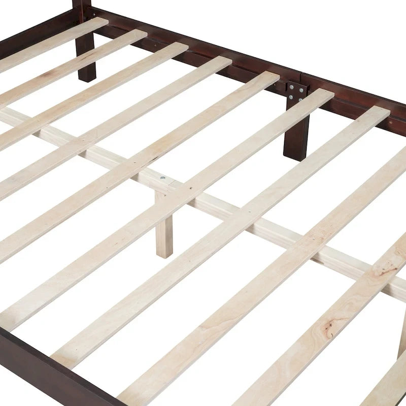Lit plateforme queen size de style rétro, cadre de lit plateforme en bois avec support en lattes de bois massif et tête de lit incurvée
