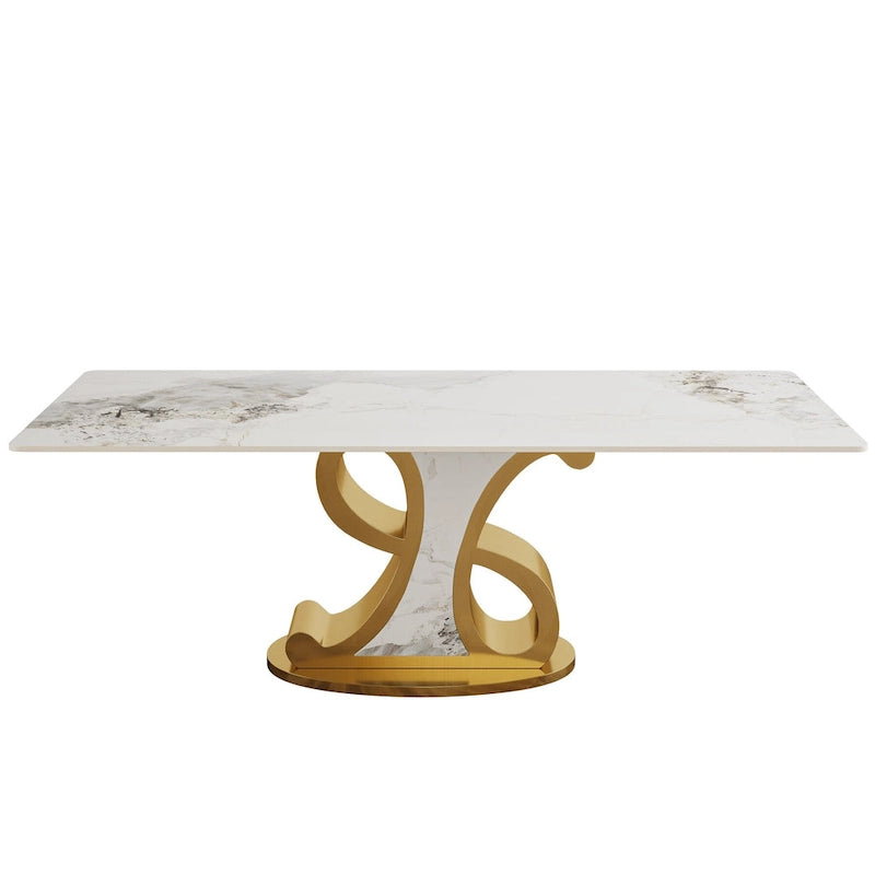 Table à manger rectangulaire de luxe en pierre frittée avec base en acier inoxydable pour 8 à 10 personnes