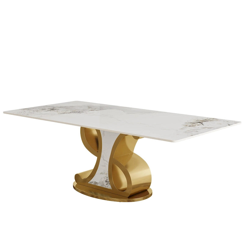 Table à manger rectangulaire de luxe en pierre frittée avec base en acier inoxydable pour 8 à 10 personnes