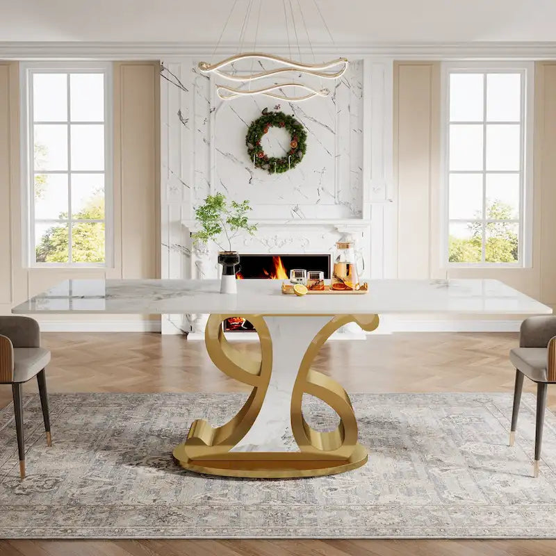 Table à manger rectangulaire de luxe en pierre frittée avec base en acier inoxydable pour 8 à 10 personnes