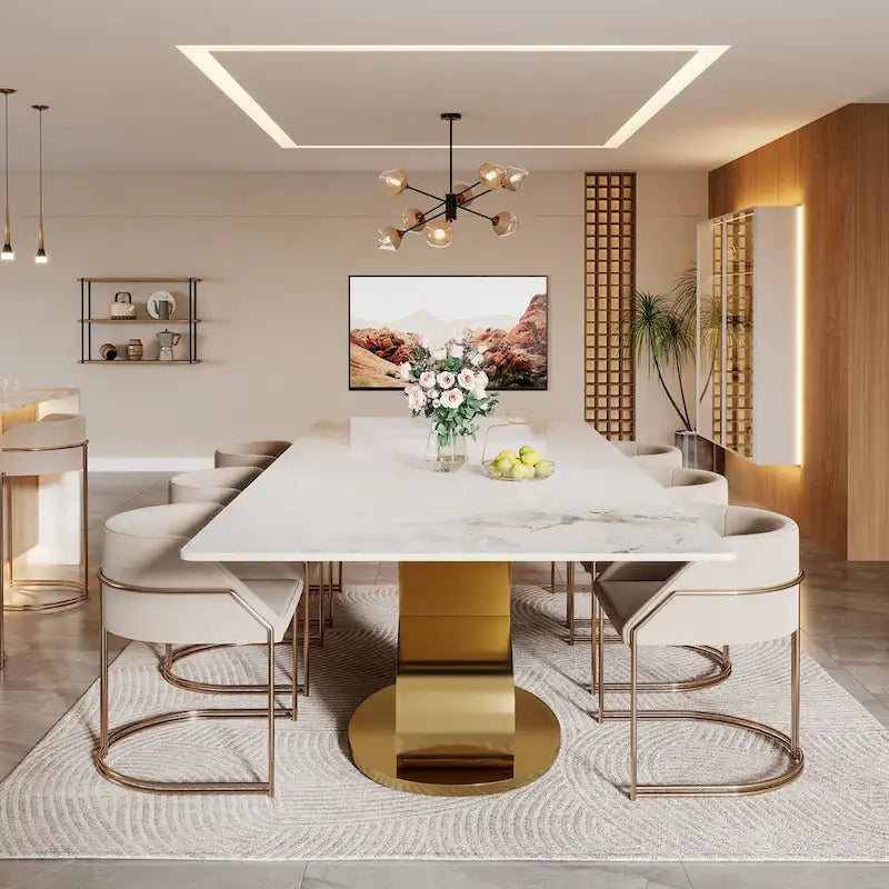 Table à manger rectangulaire de luxe en pierre frittée avec base en acier inoxydable pour 8 à 10 personnes