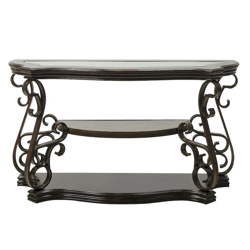 Console de canapé d'entrée en verre trempé brun foncé avec étagère