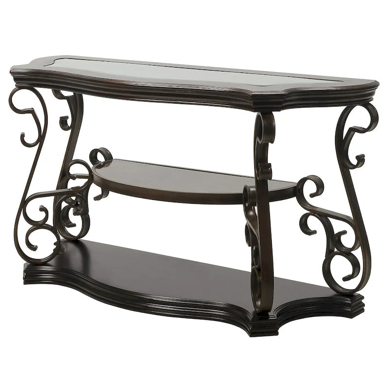 Console de canapé d'entrée en verre trempé brun foncé avec étagère