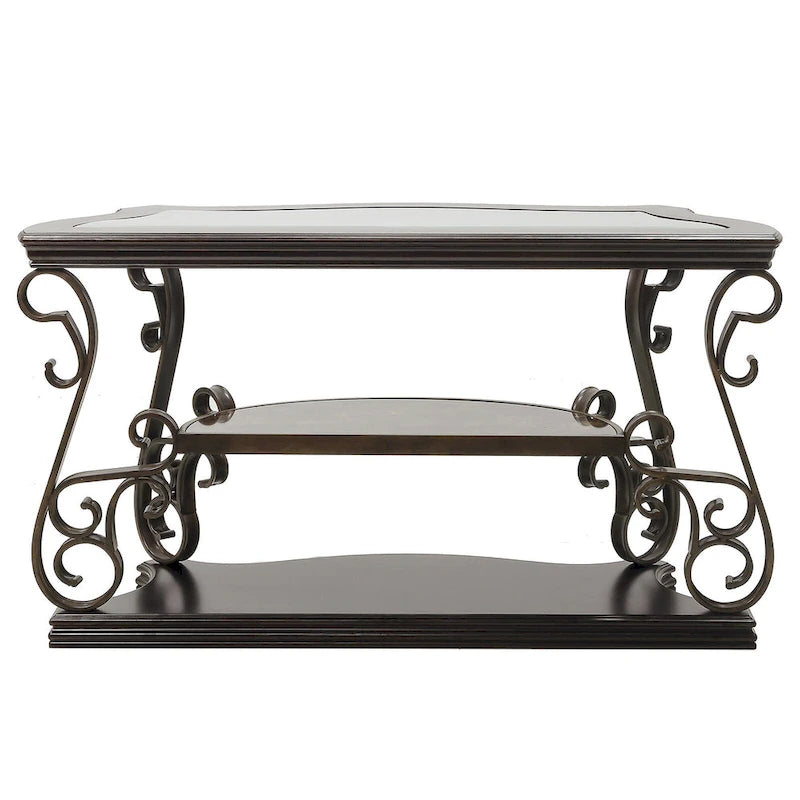 Console de canapé d'entrée en verre trempé brun foncé avec étagère