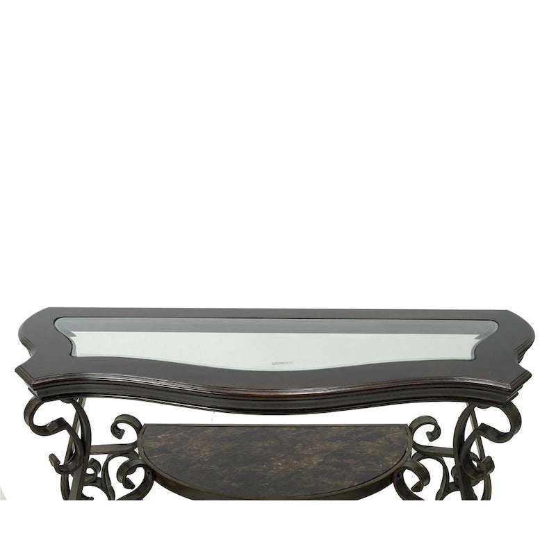 Console de canapé d'entrée en verre trempé brun foncé avec étagère
