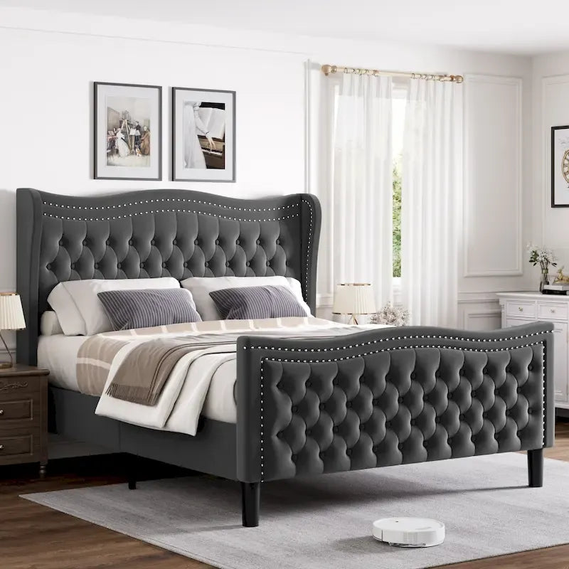 Lit plateforme en velours de style moderne avec tête de lit rembourrée pour chambre à coucher