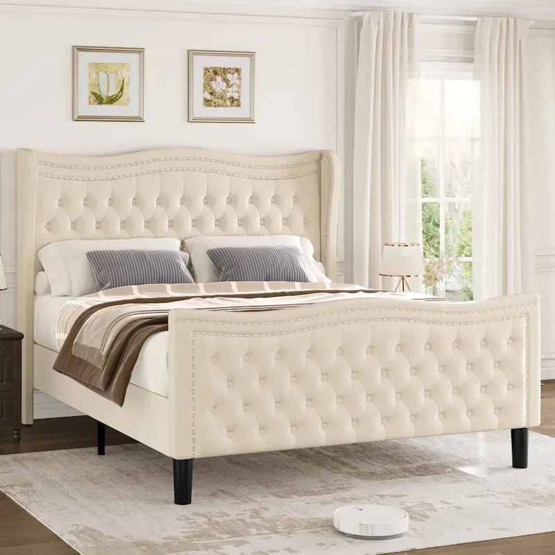 Lit plateforme en velours de style moderne avec tête de lit rembourrée pour chambre à coucher