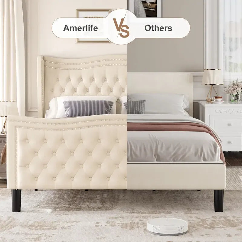 Lit plateforme en velours de style moderne avec tête de lit rembourrée pour chambre à coucher