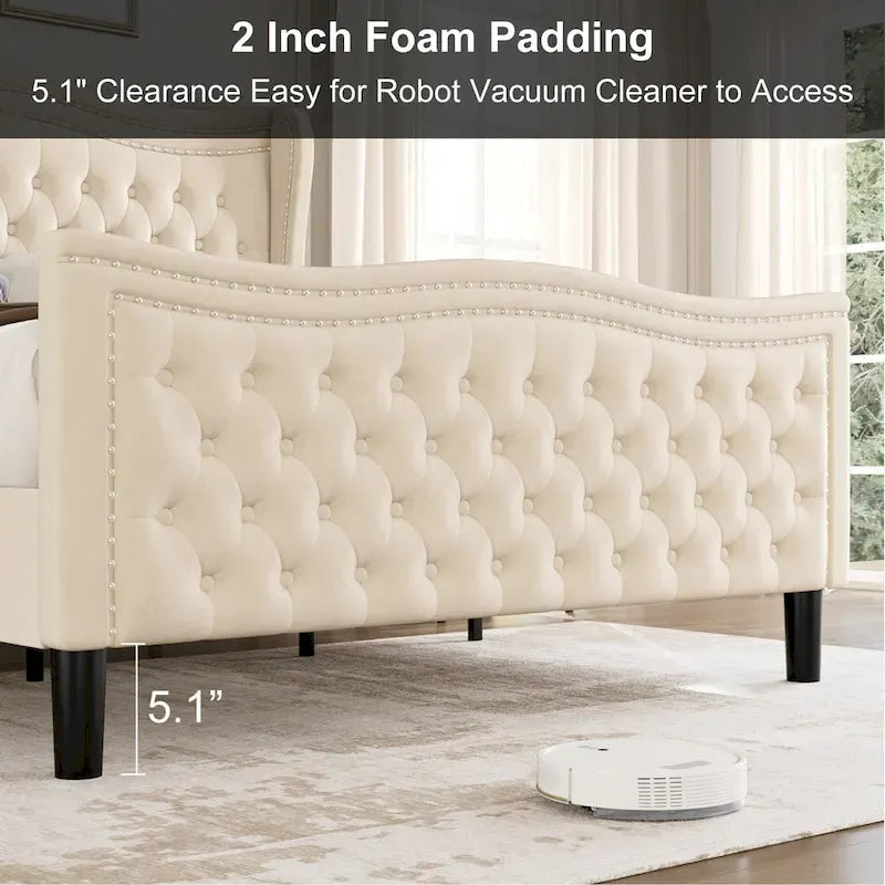 Lit plateforme en velours de style moderne avec tête de lit rembourrée pour chambre à coucher