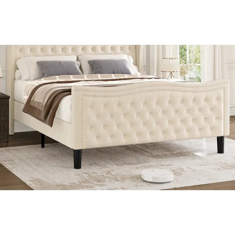 Lit plateforme en velours de style moderne avec tête de lit rembourrée pour chambre à coucher