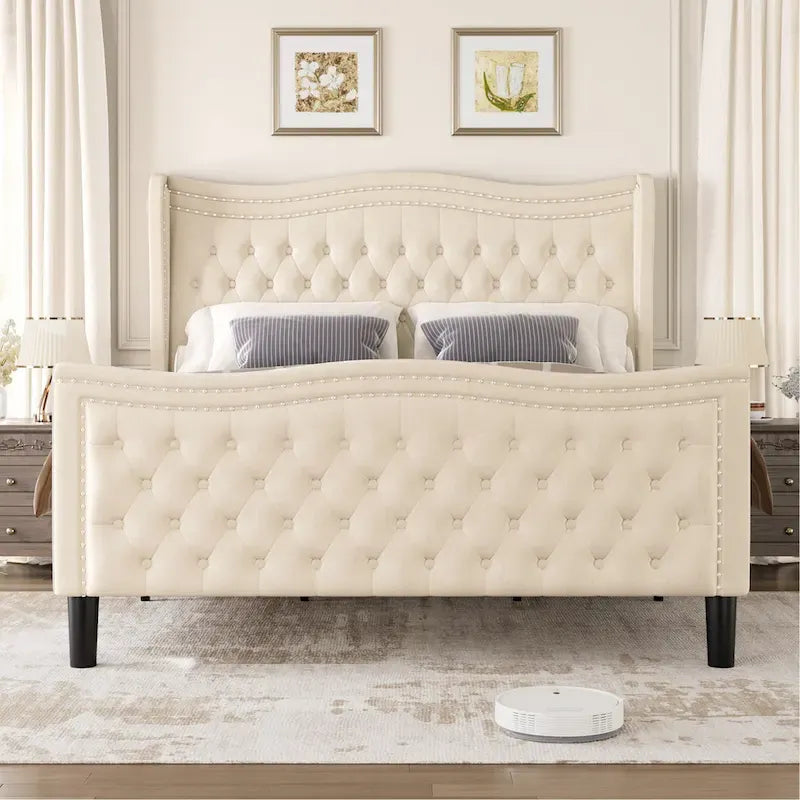 Lit plateforme en velours de style moderne avec tête de lit rembourrée pour chambre à coucher