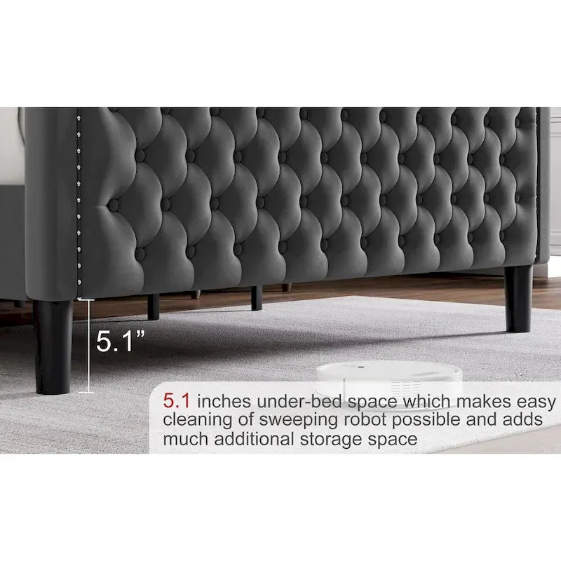Lit plateforme en velours de style moderne avec tête de lit rembourrée pour chambre à coucher
