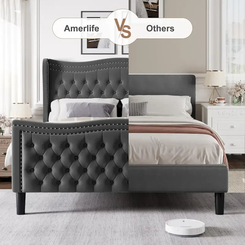 Lit plateforme en velours de style moderne avec tête de lit rembourrée pour chambre à coucher