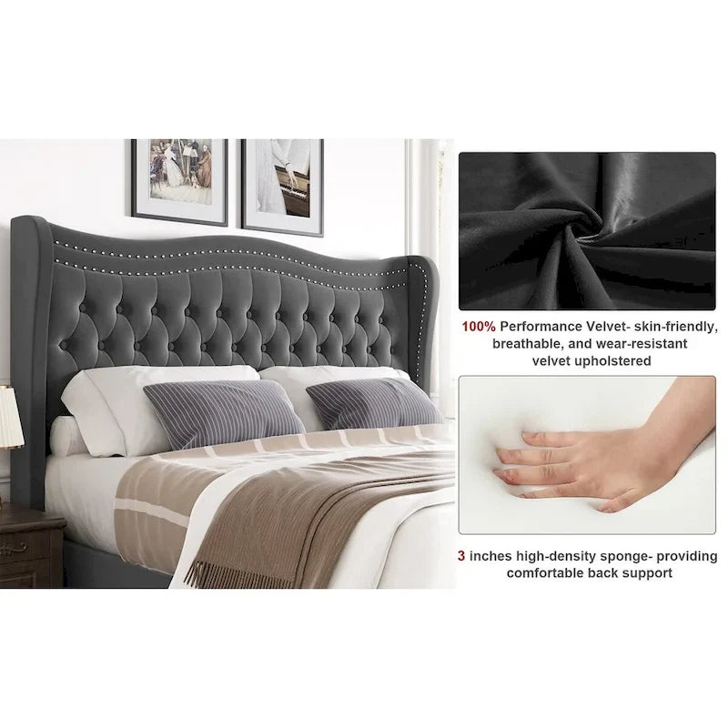Lit plateforme en velours de style moderne avec tête de lit rembourrée pour chambre à coucher