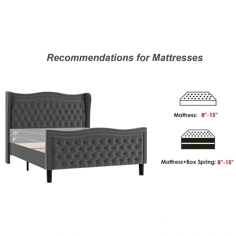 Lit plateforme en velours de style moderne avec tête de lit rembourrée pour chambre à coucher