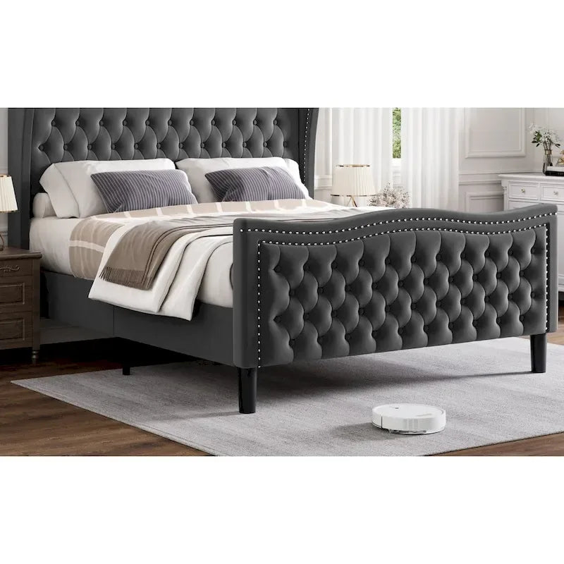 Lit plateforme en velours de style moderne avec tête de lit rembourrée pour chambre à coucher