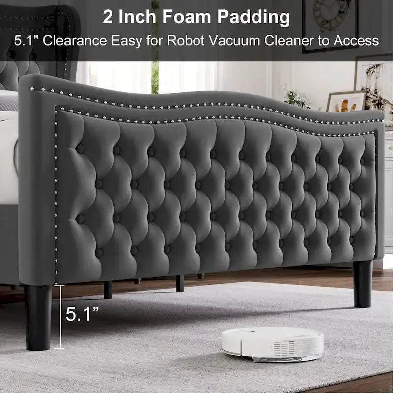 Lit plateforme en velours de style moderne avec tête de lit rembourrée pour chambre à coucher