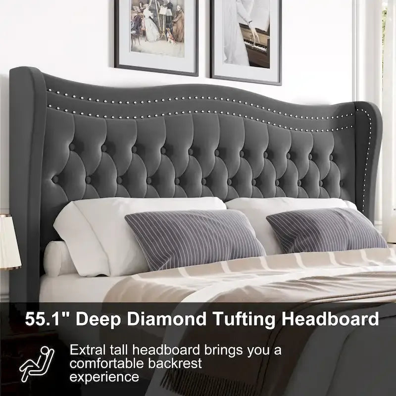 Lit plateforme en velours de style moderne avec tête de lit rembourrée pour chambre à coucher