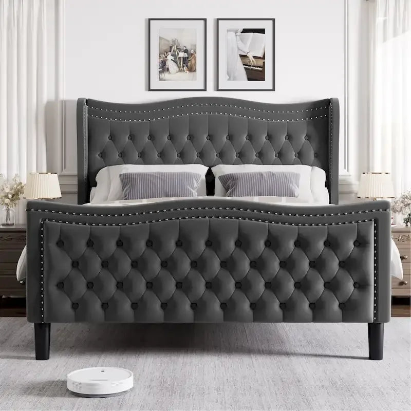 Lit plateforme en velours de style moderne avec tête de lit rembourrée pour chambre à coucher