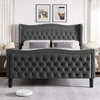 Lit plateforme en velours de style moderne avec tête de lit rembourrée pour chambre à coucher