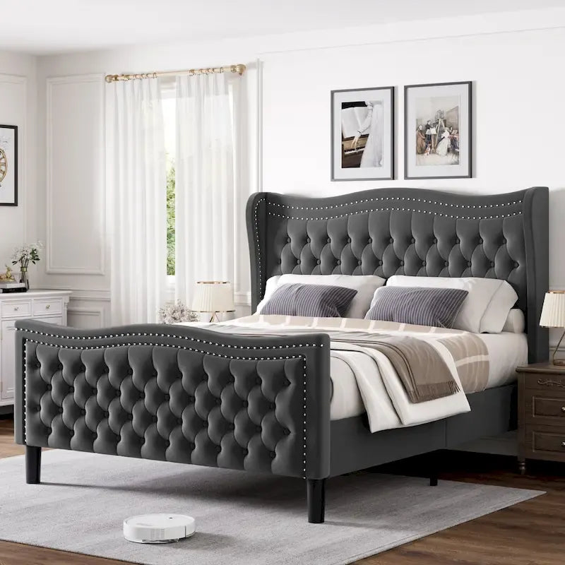 Lit plateforme en velours de style moderne avec tête de lit rembourrée pour chambre à coucher