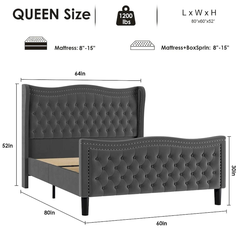Lit plateforme en velours de style moderne avec tête de lit rembourrée pour chambre à coucher