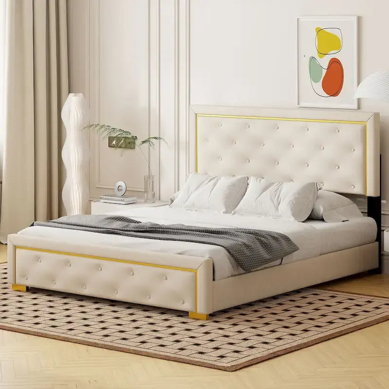 Lit plateforme rembourré Queen Size avec tête de lit capitonnée et cadre en fil métallique