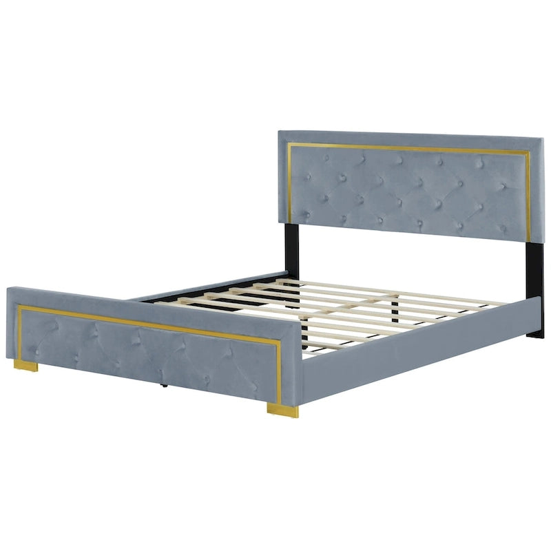 Lit plateforme rembourré Queen Size avec tête de lit capitonnée et cadre en fil métallique