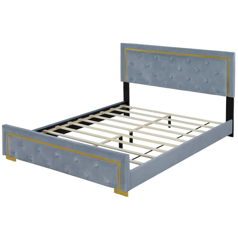 Lit plateforme rembourré Queen Size avec tête de lit capitonnée et cadre en fil métallique