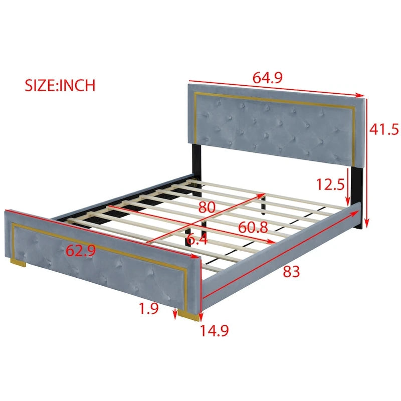 Lit plateforme rembourré Queen Size avec tête de lit capitonnée et cadre en fil métallique