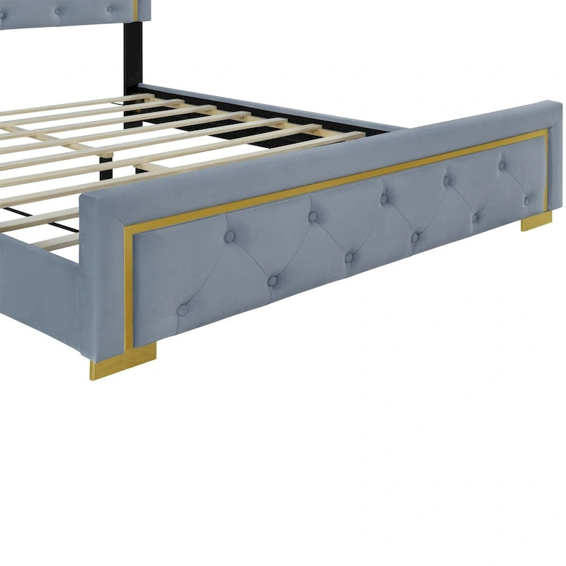 Lit plateforme rembourré Queen Size avec tête de lit capitonnée et cadre en fil métallique