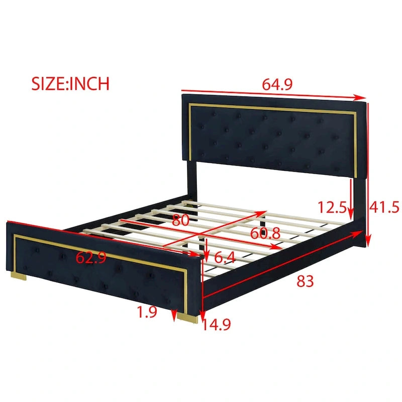 Lit plateforme rembourré Queen Size avec tête de lit capitonnée et cadre en fil métallique