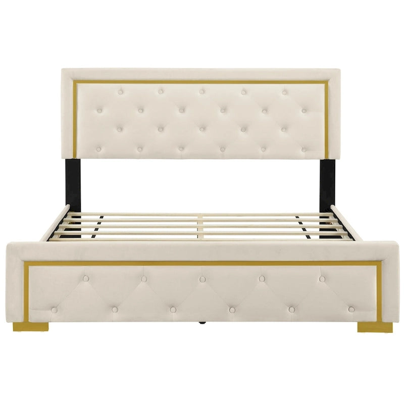 Lit plateforme rembourré Queen Size avec tête de lit capitonnée et cadre en fil métallique