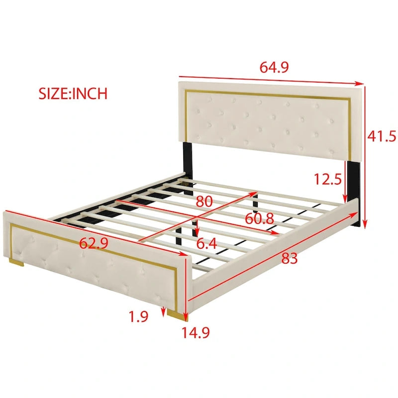 Lit plateforme rembourré Queen Size avec tête de lit capitonnée et cadre en fil métallique