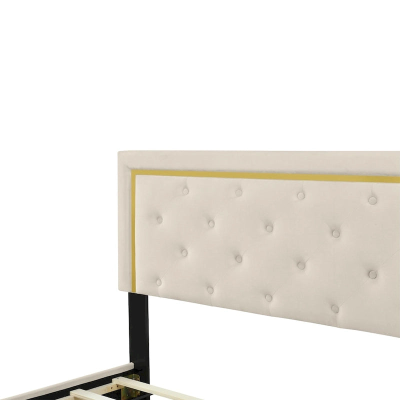 Lit plateforme rembourré Queen Size avec tête de lit capitonnée et cadre en fil métallique